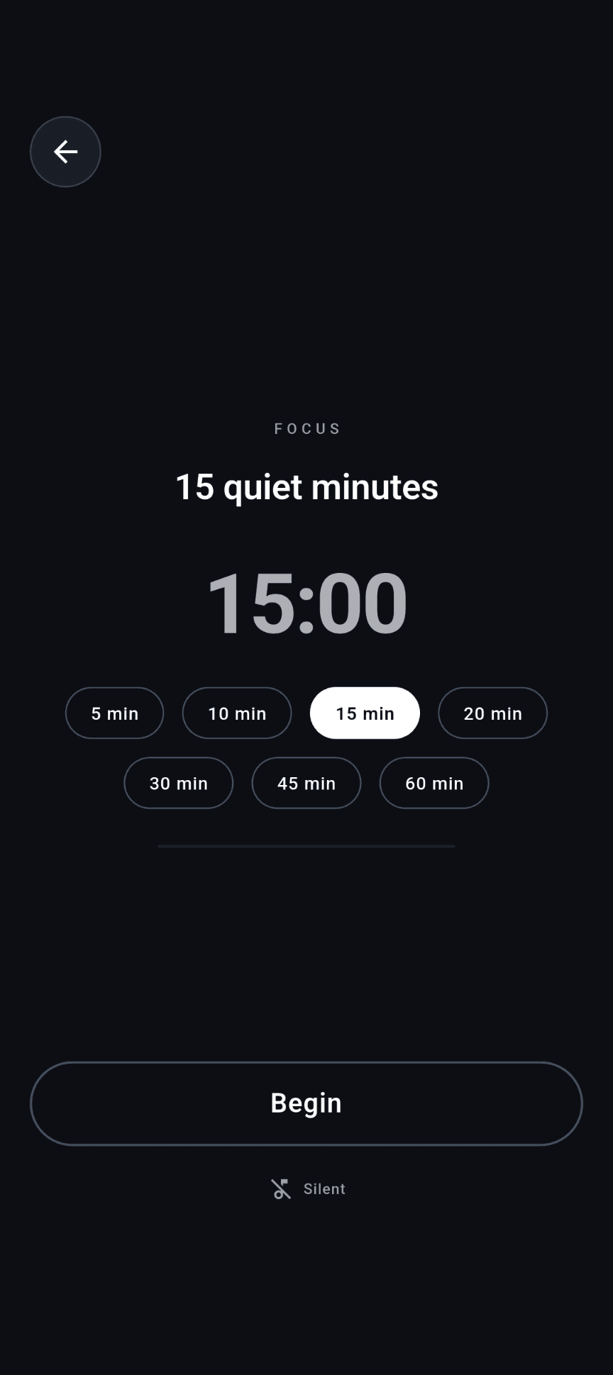 Stillnest Focus with a 15-minute selection and a Begin button