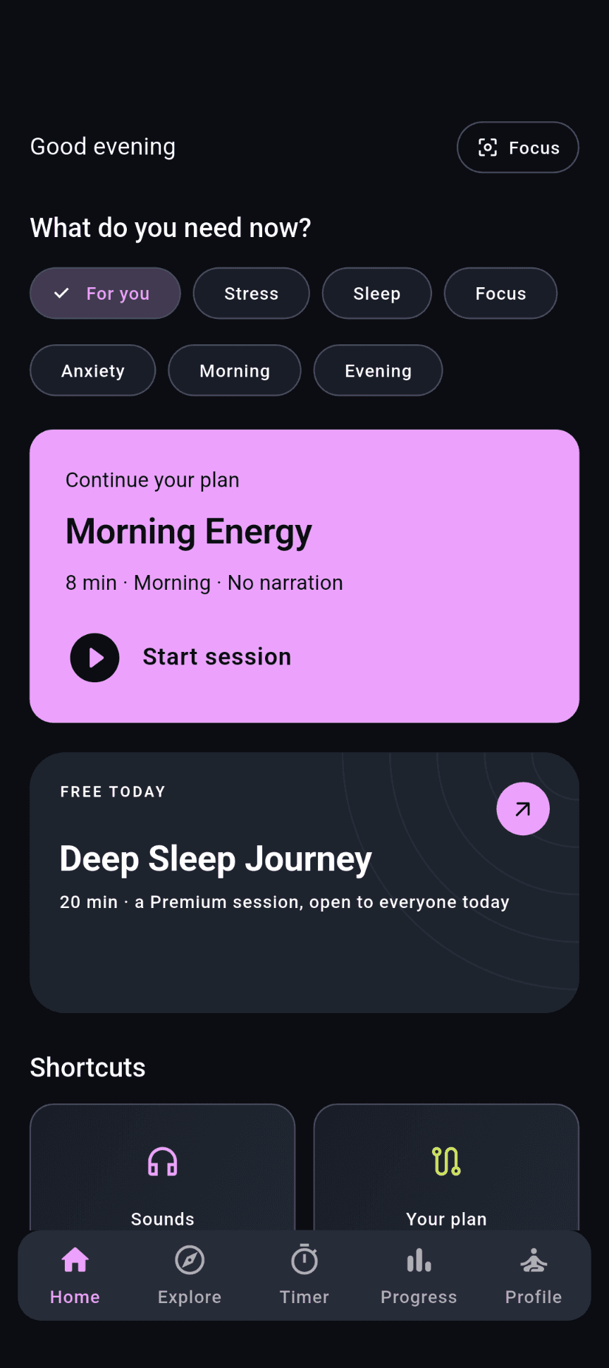 Stillnest Home with need-based filters, Continue your plan, Free Today and shortcuts