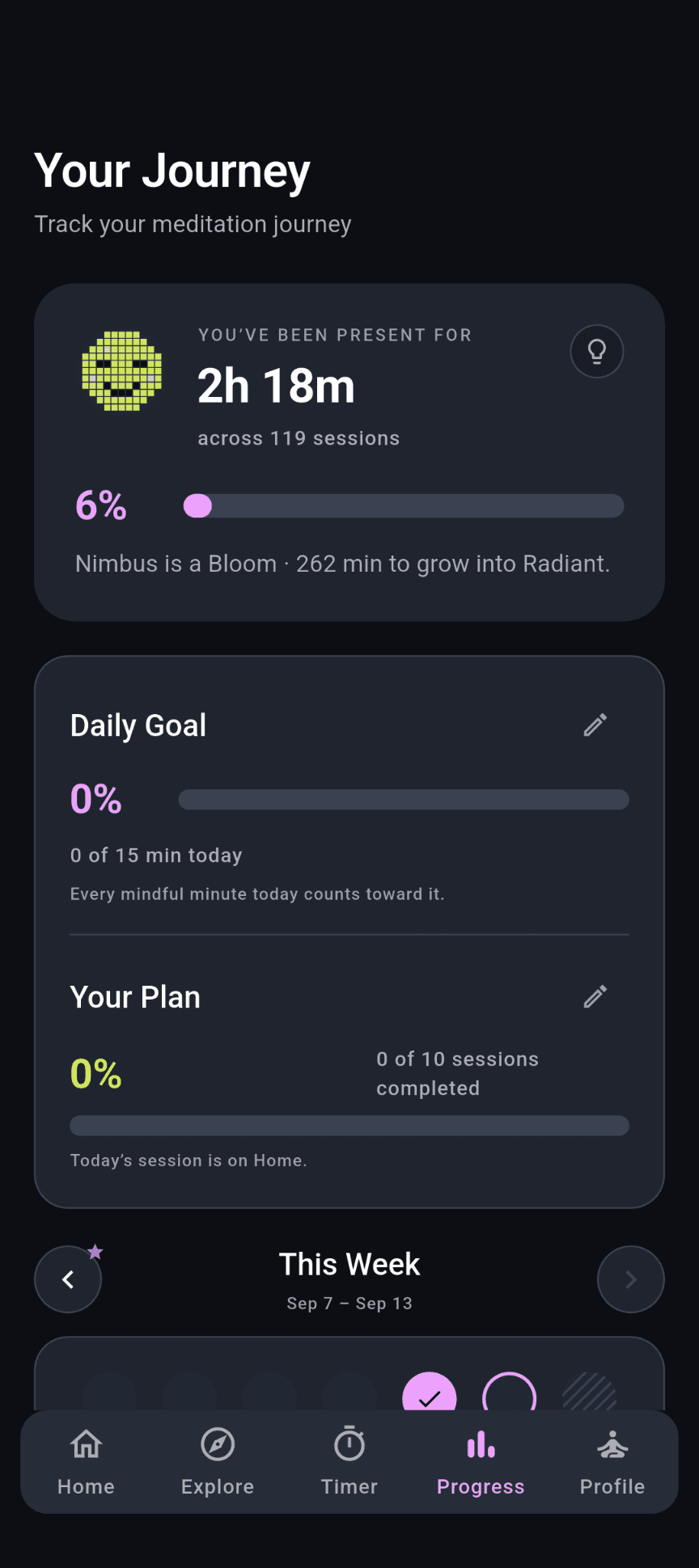 Stillnest Progress with mindful time, Nimbus growth, daily goal, plan completion and weekly activity