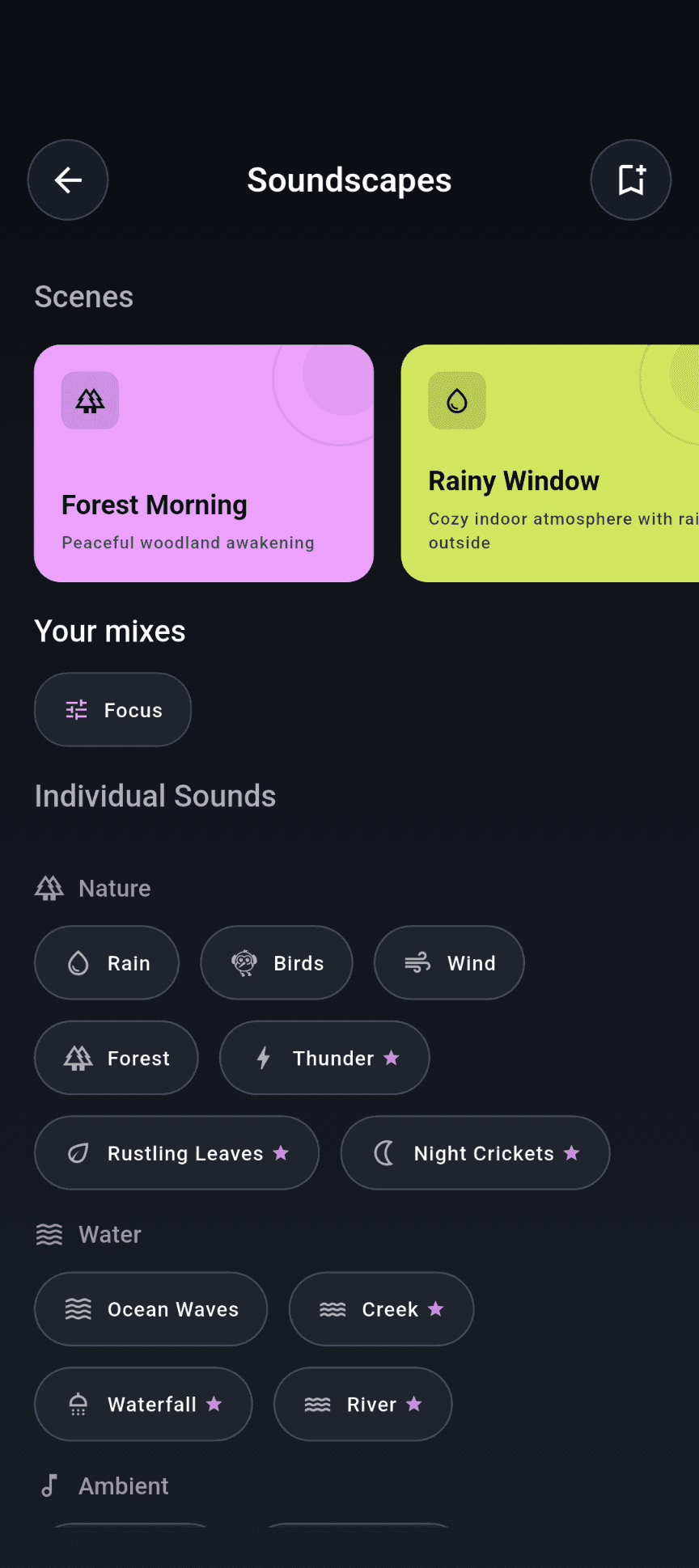 Stillnest Soundscapes with scenes, saved mixes and individual nature sounds