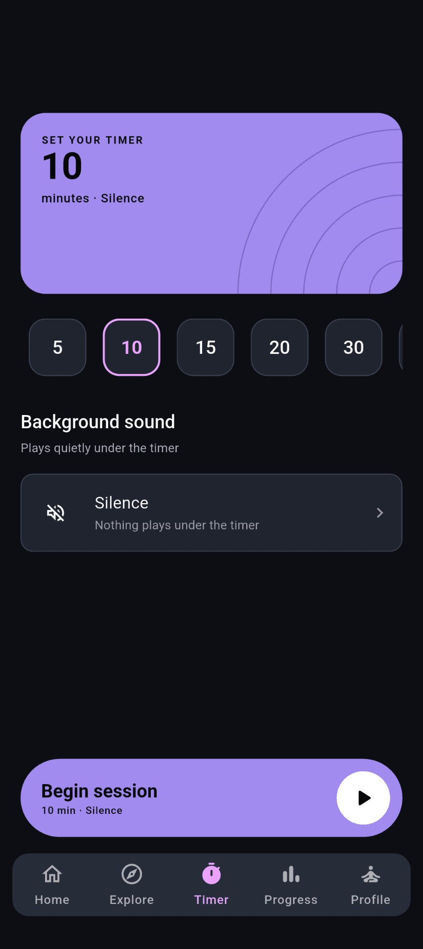 Stillnest timer with duration choices, background sound and Begin session