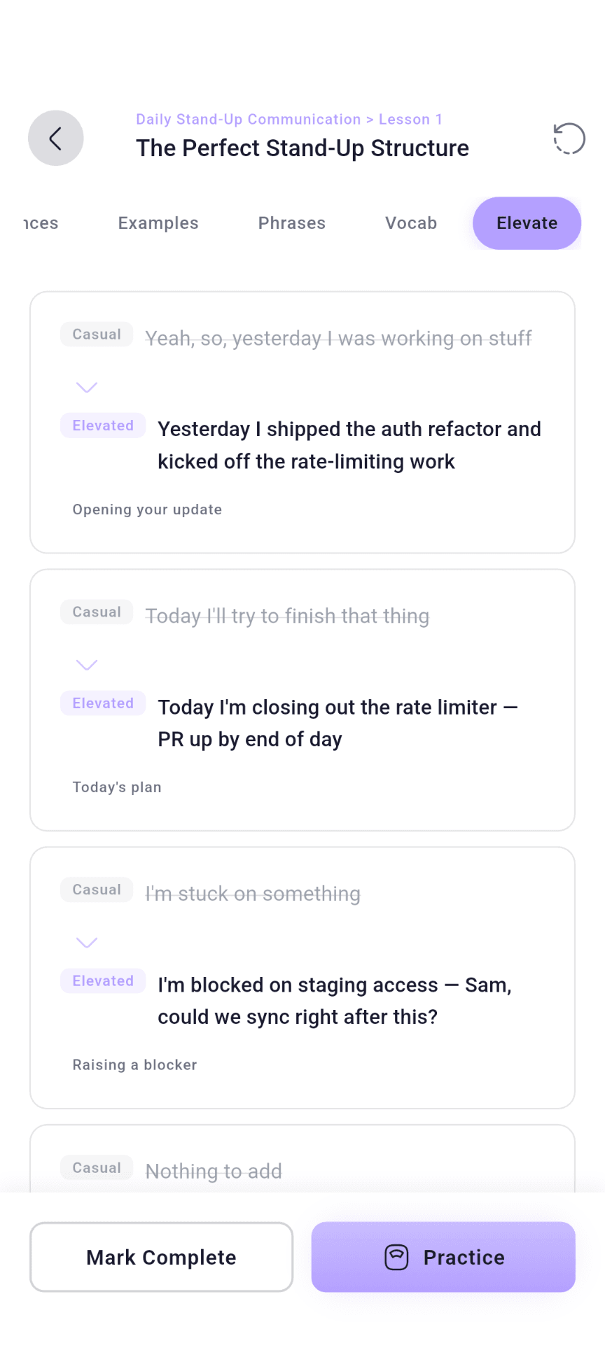 The Elevate tab of the lesson The Perfect Stand-Up Structure, listing casual lines with a strikethrough beside their elevated versions, each labelled with its moment: opening your update, today’s plan, raising a blocker.