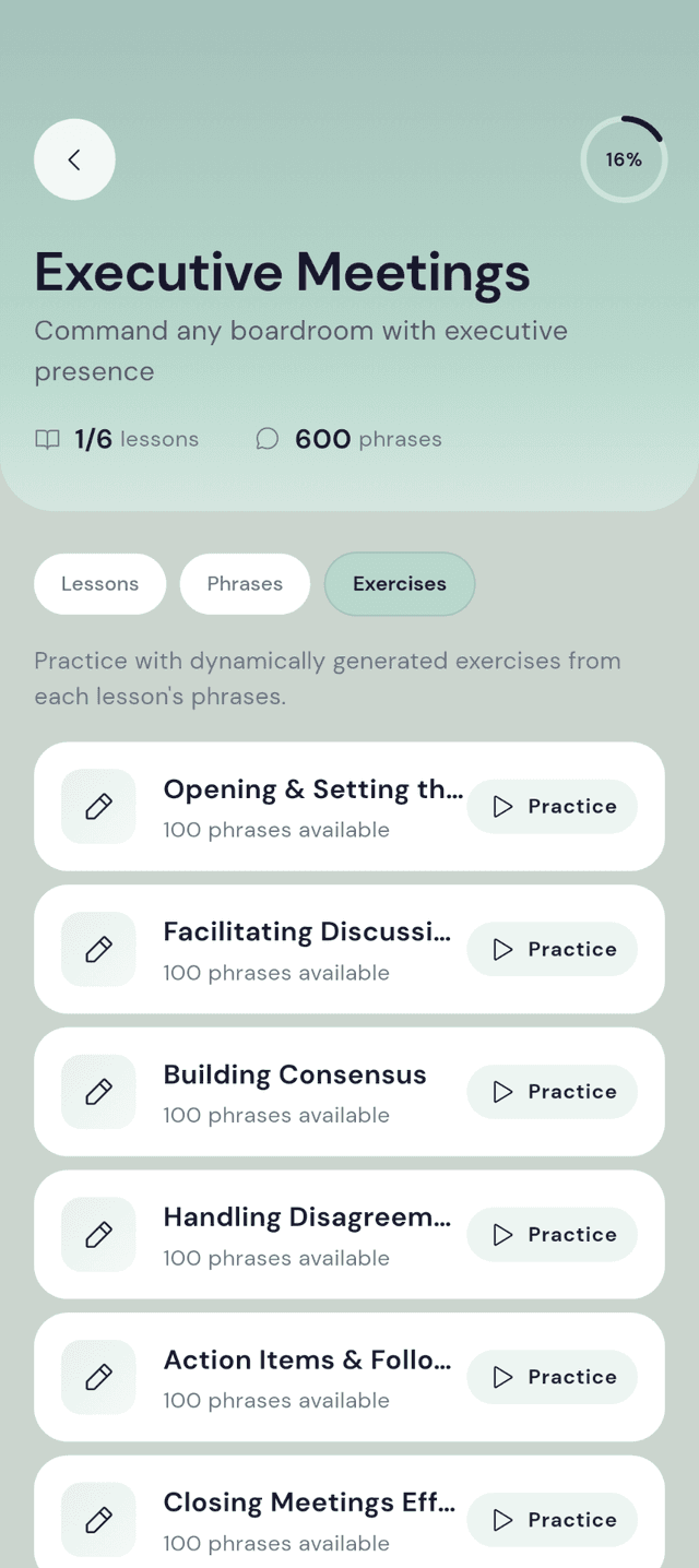 Exercises list view