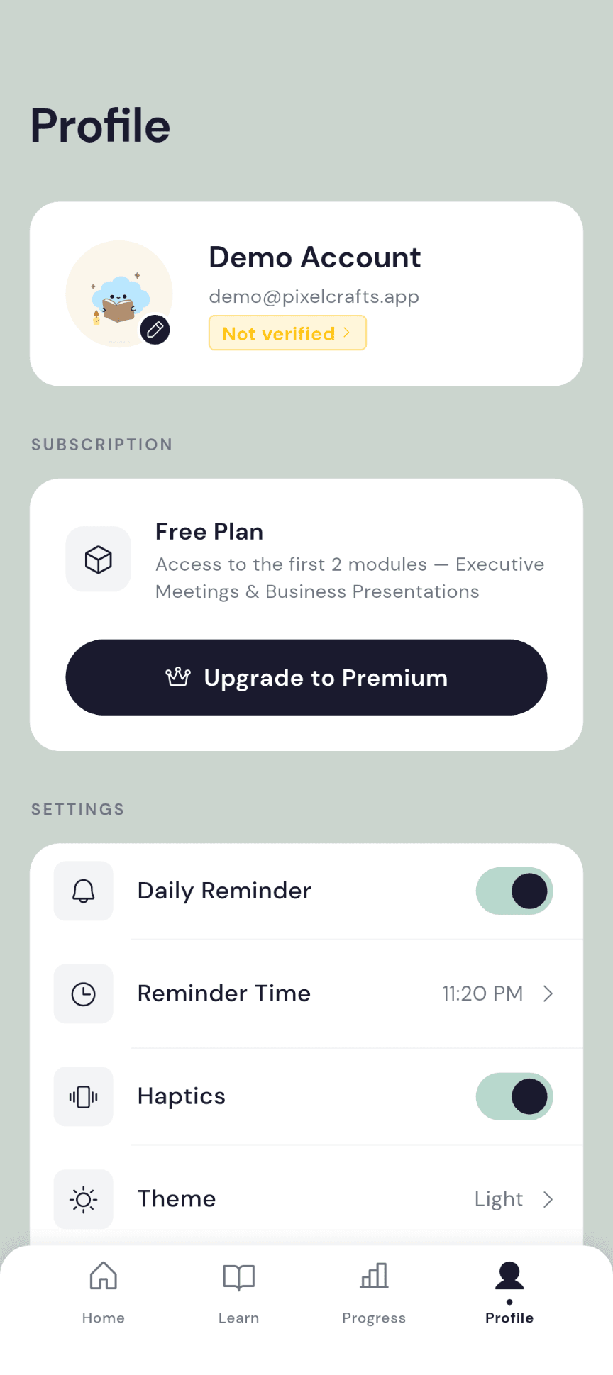 Verbloom Profile screen: a Free Plan card naming the two included modules with an Upgrade to Premium button, and settings for daily reminder, reminder time, haptics, and theme